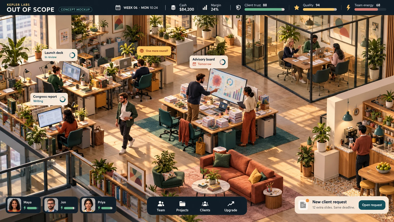 Out of Scope concept: an overhead medcomms agency office with staff working on a launch deck, advisory board, and congress report. The game tracks cash, margin, client trust, quality, and team energy.