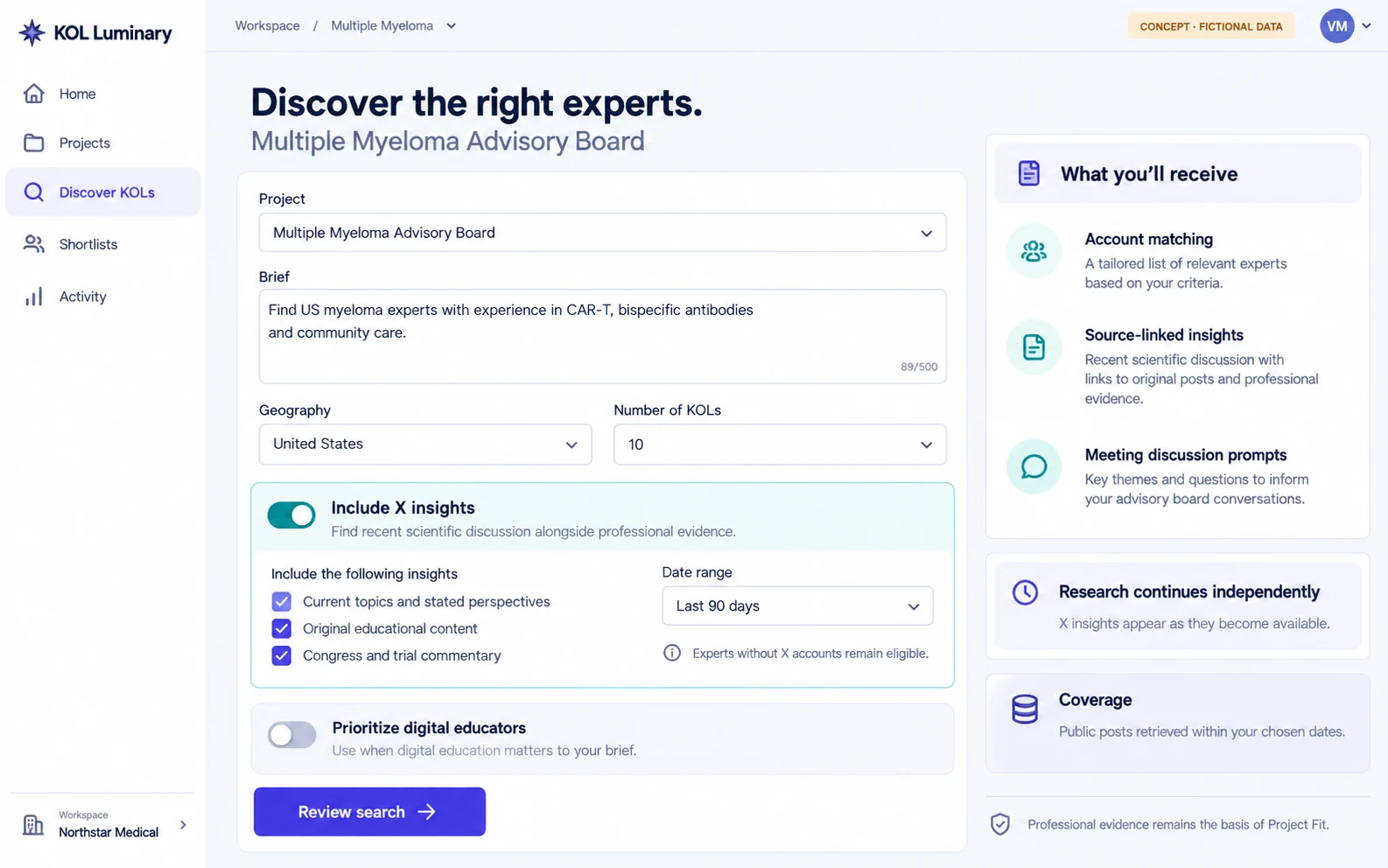 KOL Luminary concept: a multiple myeloma advisory-board discovery brief with geography, expert count and optional source-linked X insights. Fictional data.