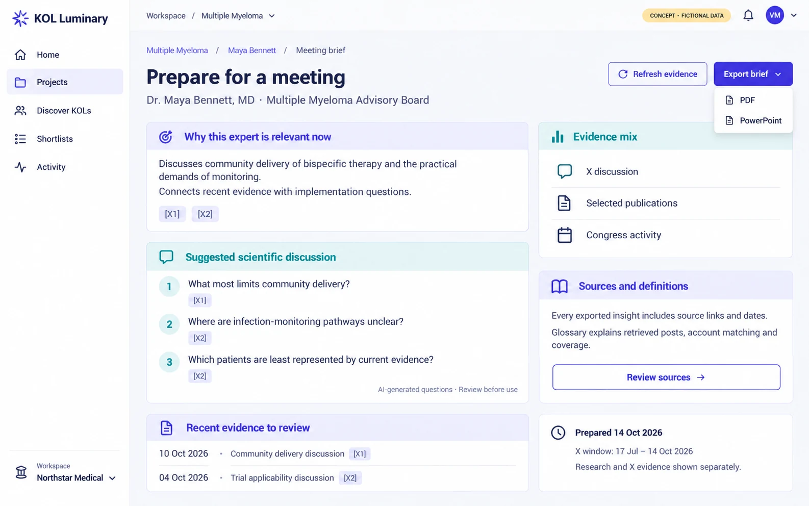 KOL Luminary concept: a multiple myeloma meeting brief bringing expert research into meeting preparation. Fictional data.