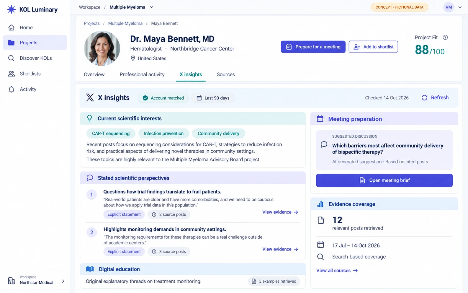 KOL Luminary concept: a multiple myeloma expert profile connecting professional evidence and scientific discussion insights. Fictional profile and data.
