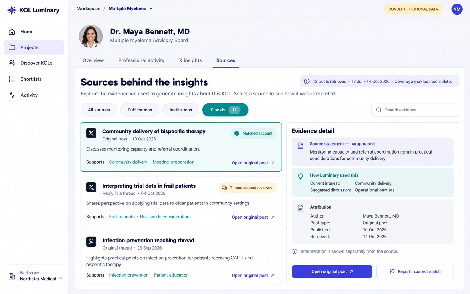 KOL Luminary concept: source traceability for expert insights, connecting findings to their supporting material for human review. Fictional data.